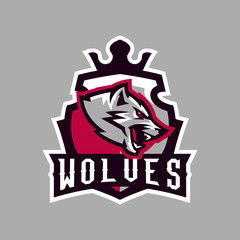 Colorful emblem, logo, snarling wolf. An aggressive predator, an animal from the forest, a coyote, a dangerous beast, a head, a mascot. Sport Identity, T-shirt printing, vector illustration
