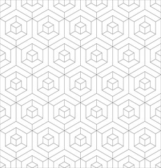 Abstract 3D background of isometric hexagonal shapes. Thin black outline vector seamless pattern design.