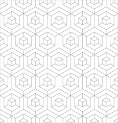 Abstract 3D background of isometric hexagonal shapes. Thin black outline vector seamless pattern design.