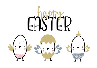 Card with calligraphy lettering happy Easter with 3 nestlings in eggs. Vector illustration for Easter holiday