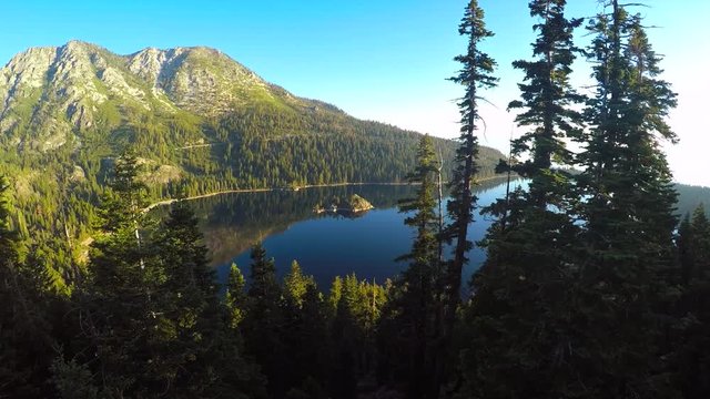 A beautiful aerial shot at dawn over Emerald Bay Lake Tahoe.