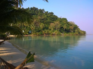 Blue sky over a tropical beach with green palm trees and pier. Koh Kood Island , Thailand . Sunny day
