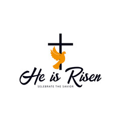 He is Risen. Church easter logo, emblem, labels or stickers with dove and cross. Vector graphics