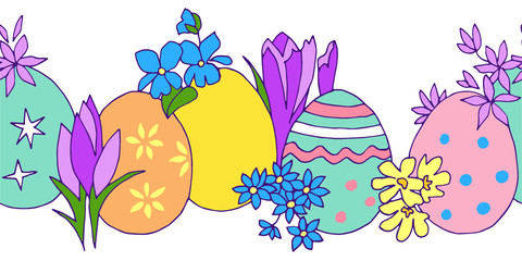 Obraz na płótnie Canvas vector easter spring flowers and eggs horizontal seamless