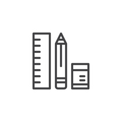 Pencil, ruler and eraser outline icon. linear style sign for mobile concept and web design. Drawing equipment simple line vector icon. Symbol, logo illustration. Pixel perfect vector graphics