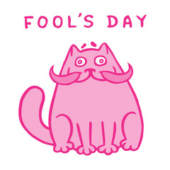 Cartoon fat pink cat with a big mustache. Vector Illustration.