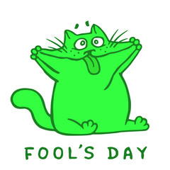 Cartoon cat makes crazy face and shows tongue. Vector Illustration.