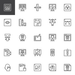 Fototapeta na wymiar Design and Creative outline icons set. linear style symbols collection, line signs pack. vector graphics. Set includes icons as Layout, Designing, Graphic tablet, Computer art, Paint, artboard