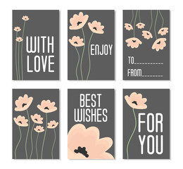 Set of Vector Illustrations. Perfect for birthday cards, posters, banners, stickers, labels with flowers on dark background. Set of 6 printable templates.