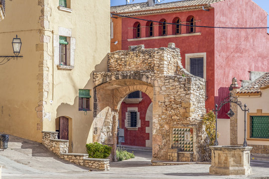 Street village view,colored houses, square, plaza del Pou, Altafulla,Costa Daurada,province Tarragona,Catalonia.Spain.