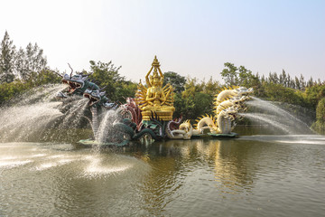 Dragon fountains on lake in ancient city near Bangkok