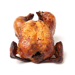 Whole roasted chicken against white background