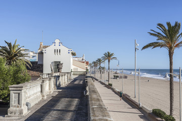 Mediterranean beach, maritime promenade and Museum Pau Casals, maritime quarter of Sant Salvador, El Vendrell, Costa Daurada, Catalonia, Spain.