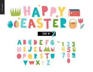 Kids flat alphabet set - Happy easter latin font - letters and digits