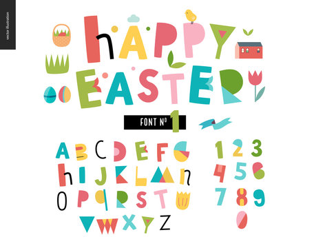 Kids flat alphabet set - Happy easter latin font - letters and digits