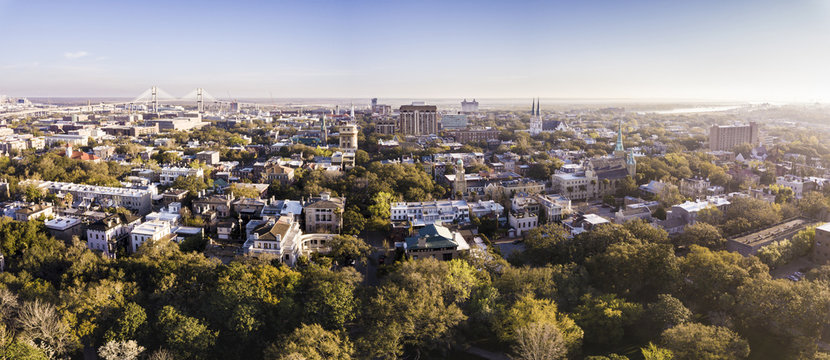 Aerial view of historic district of Savannah, Georgia.