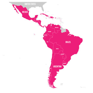 Political map of Latin America. Latin american states pink highlighted in the map of South America, Central America and Caribbean. Vector illustration.