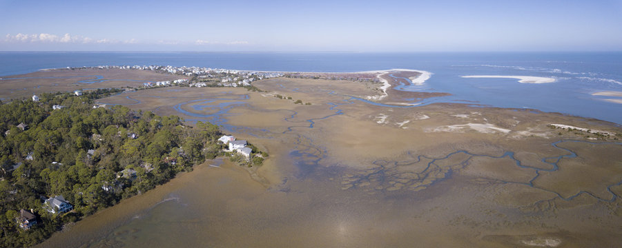 Aerial view of waterfront properties on Harbor Island, South Carolina.