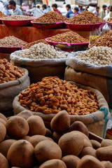 Different nuts and raisins at the market