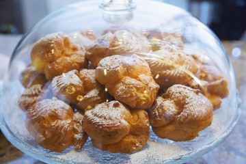 dessert, eclairs in a glass container