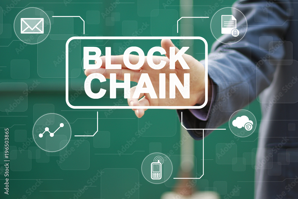 Aufkleber businessman presses button blockchain idea on virtual electronic user interface.