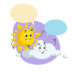 Cartoon smiling sun and pretty cloud mascots. Weather and summer symbol. Shinning and speaking characters with dummy speech bubbles. Vector illustration icon.