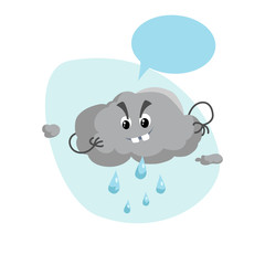 Cartoon overcast storm cloud with rain drops mascot. Weather rain and storm symbol. Speaking character with dummy speech bubble and little clouds. Vector illustration icon.
