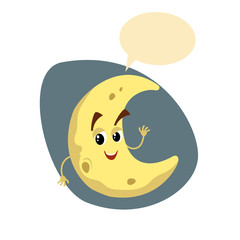 Cartoon smiling crescent mascot. Weather and kid bedroom symbol. Moon speaking character with dummy speech bubble and little clouds. Vector illustration icon.