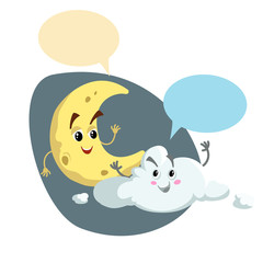 Cartoon smiling crescent and pretty cloud mascots. Weather and bedroom symbol. Moon speaking character. Dummy speech bubbles. Vector illustration icon.