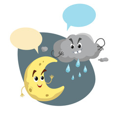 Cartoon smiling crescent and storm cloud mascots. Weather  symbol. Moon and rain speaking character. Dummy speech bubbles. Vector illustration icon.