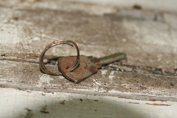 Old rusty key with a metal ring.