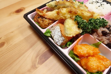 Japanese style bento (rice plate), with 7 types of dishes.