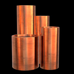 Copper pipes on warehouse. Bronze tubes of different diameters. 3d render illustration on black background.