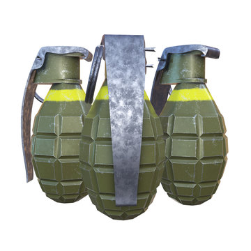 Hand bombs frag grenade green metal with scratches and round pin over. 3d render isolated on white.