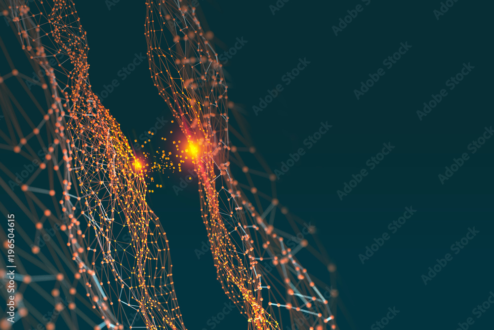 Poster Artificial digital neural network. Blockchain technology. 3d illustration of the information concept of future on a dark background
