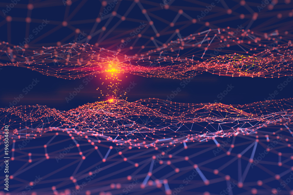 Aufkleber Artificial digital neural network. Blockchain technology. 3d illustration of the information concept of future on a dark background