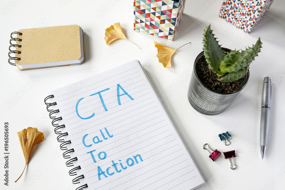 Poster cta- call to action written in notebook on white table