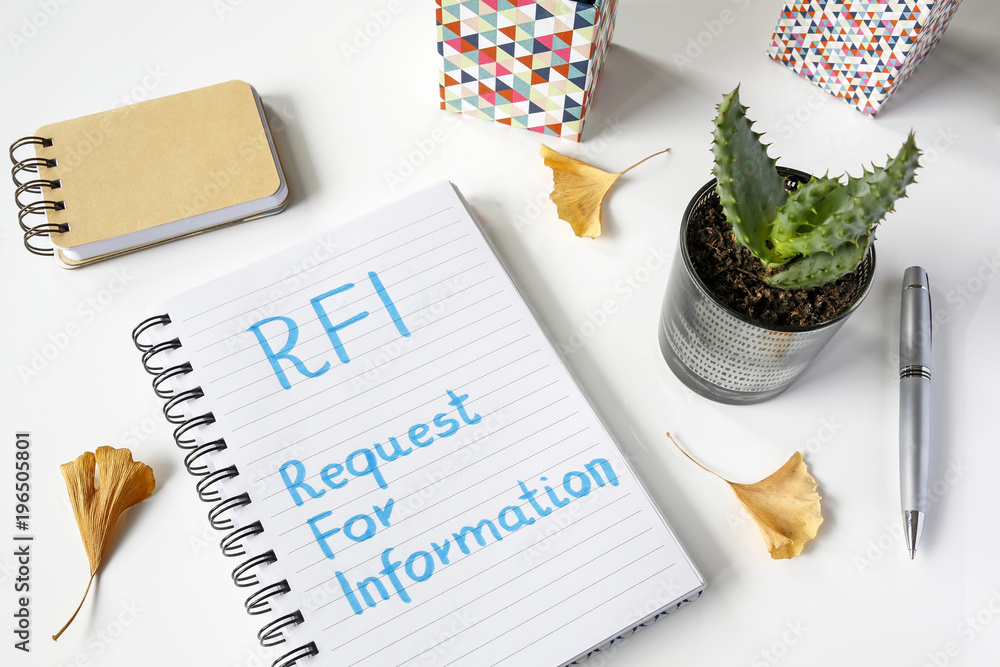 Poster rfi request for information written in notebook on white table