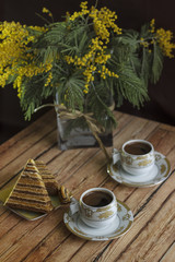 Mimosa, still life, coffee, morning, spring, yellow, coffee,food, cake