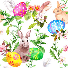 Easter bunny, colored eggs in grass and flowers. Repeating floral easter background. Watercolor