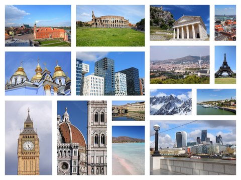 Europe travel photos - postcard collage. European landmarks.