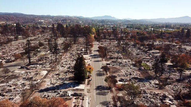 Shocking aerial of devastation from the 2017 Santa Rosa Tubbs fire disaster which destroyed whole neighborhoods.