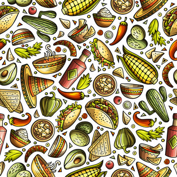 Cartoon cute hand drawn Mexican food seamless pattern.