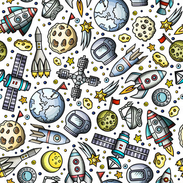 Cartoon hand-drawn space, planets seamless pattern