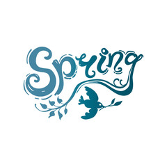 Spring. Handwriting template. Vector illustration with inscription and bird with twigs isolated on white background.
