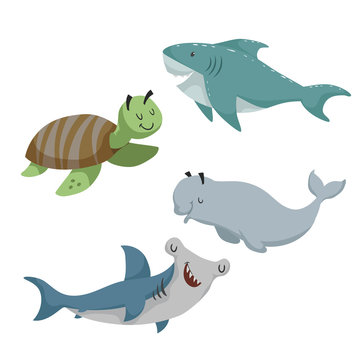 Cartoon sean animals set. Sea turtle, shark, hammerhead fish, beluga white whale. Sea and ocean animals. Kid education vector illustration collection.