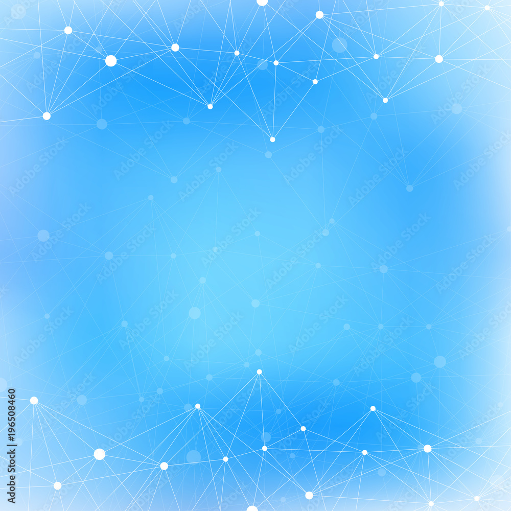 Poster Graphic abstract background communication. Geometric scientific pattern with compounds. Minimal array lines and dots. Lines plexus. Digital data visualization. Scientific illustration.