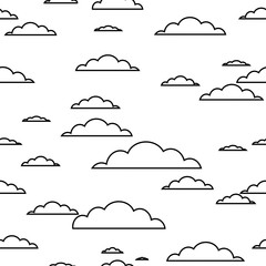 black contour Cloud seamless pattern on white background. Vector illustration.
