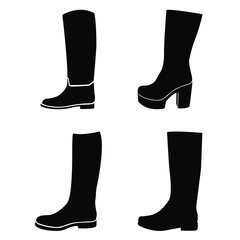 Shoes icon set. Vector silhouettes of women boots. Black on white. 