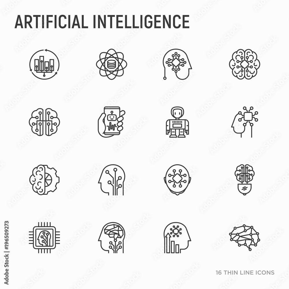 Poster artificial intelligence thin line icons set: robot, brain, machine learning, marketing analytics, cp